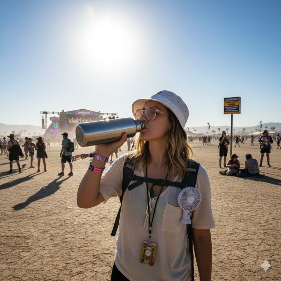 Festival-goer drinking water at EDC Las Vegas with extreme heat warning sign—hydration and cooling essentials in desert heat